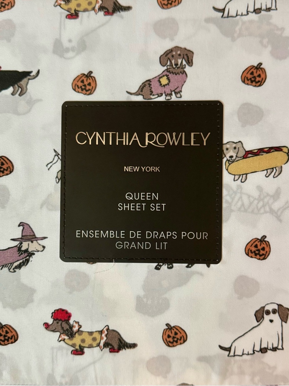 Cynthia Rowley Queen Sheet Set with Colorful Costume Dachshund & Pumpkin Print